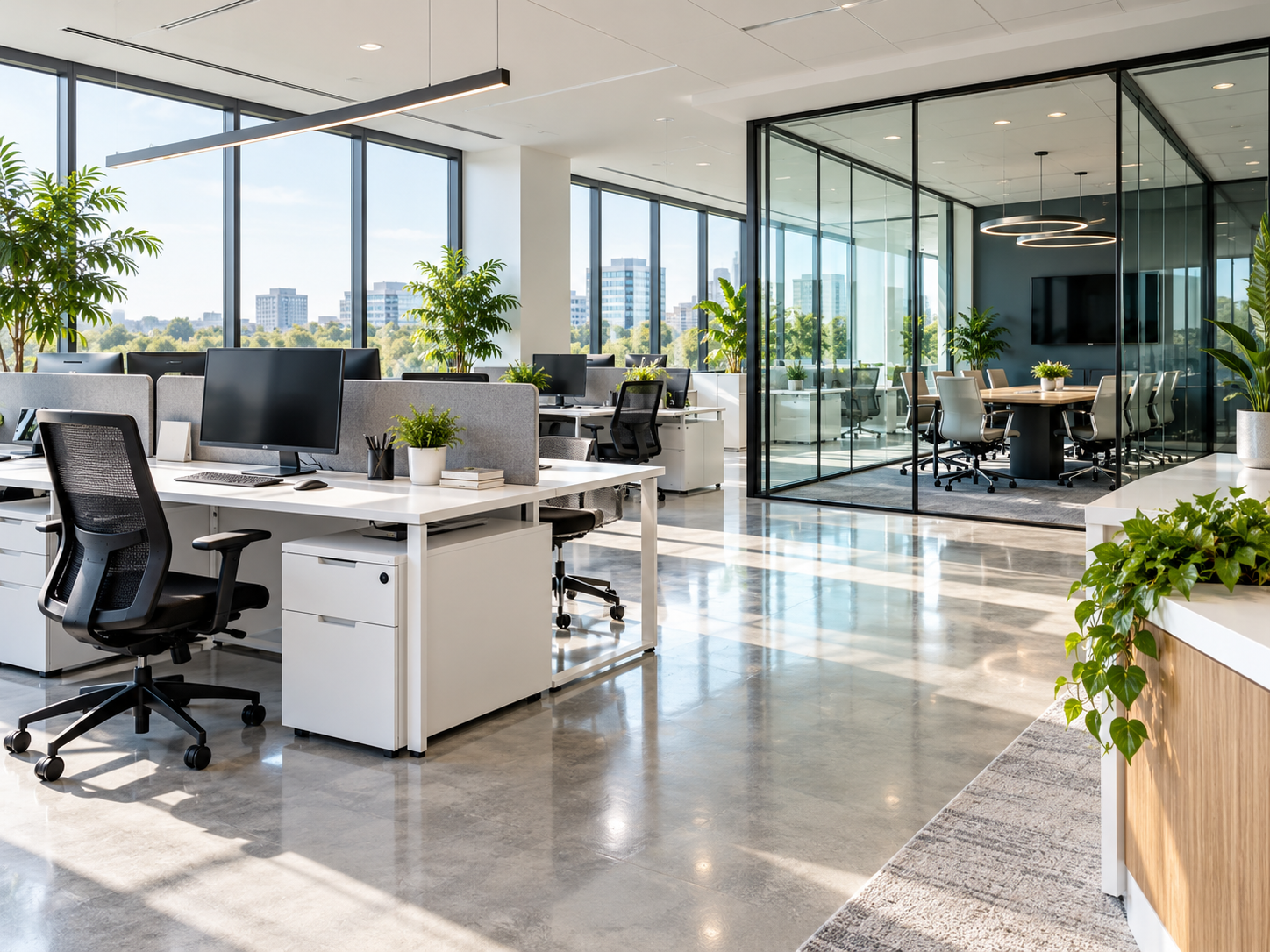 Cleaning a bright modern office workspace