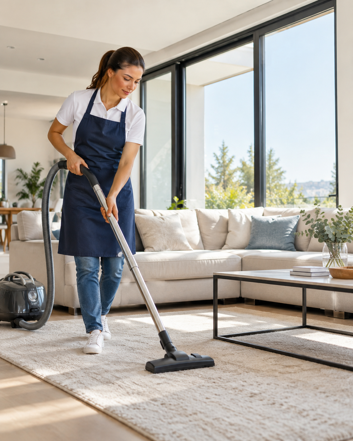 Professional cleaning in a bright modern living room